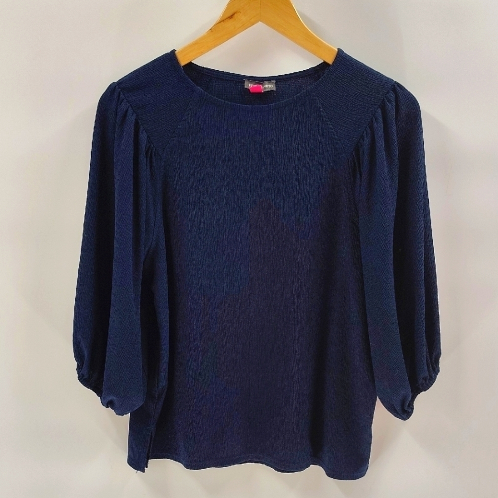 Vince Camuto Women's Blouse Medium Navy Blue 3 Quarter Balloon Sleeve Textured